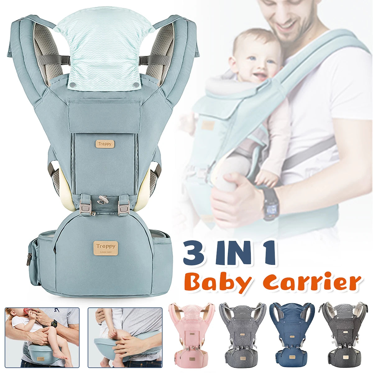 Ergonomic 3 in 1 Infant Baby Carrier with Hip Seat Stool Adjustable Wrap Sling Backpack Adjustable