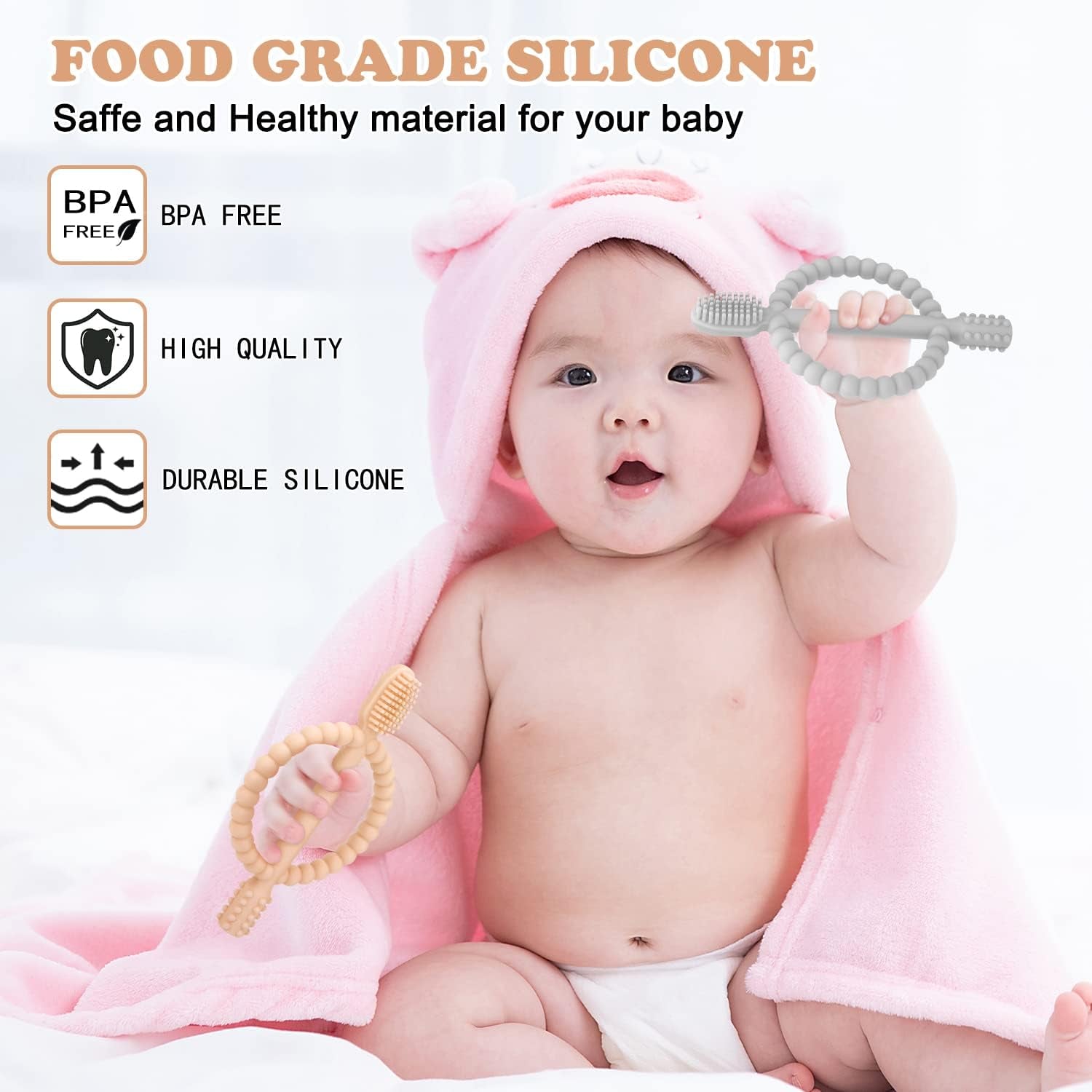Baby Teething Toys with Easy-Hold Handle, Silicone Infant Toothbrush, Textured on Both Sides Helps Massage, Soothe Sore Gums, Teething Toys for Babies 3+ Months